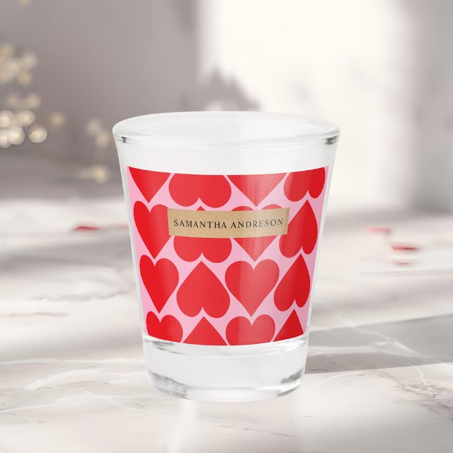 Fancy Romantic Red & Pink Hearts Pattern With Name Shot Glass (Creator Uploaded)