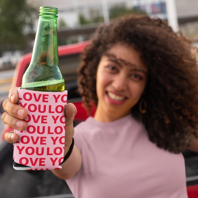 Fancy Romantic Red & Pink Love You Pattern  Can Cooler (Creator Uploaded)