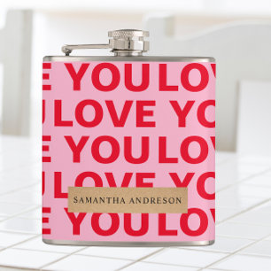 Fancy Romantic Red & Pink Love You Pattern  Hip Flask