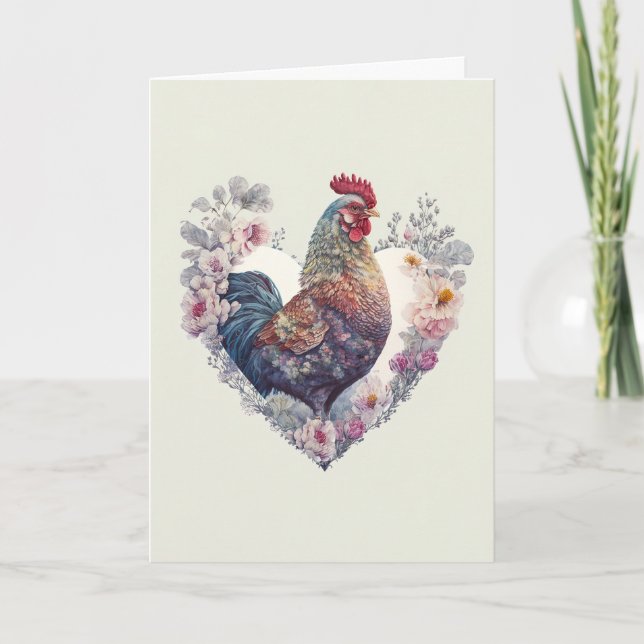 Fancy Rooster with Flowers for Valentine's Day Holiday Card (Front)