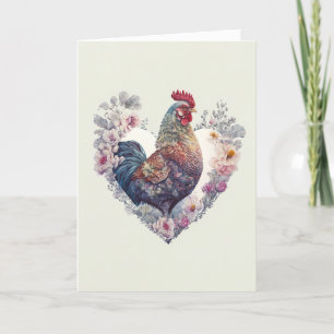 Fancy Rooster with Flowers for Valentine's Day Holiday Card