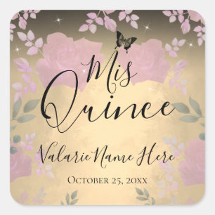 Fancy Roses Quinceanera Gold Square Sticker