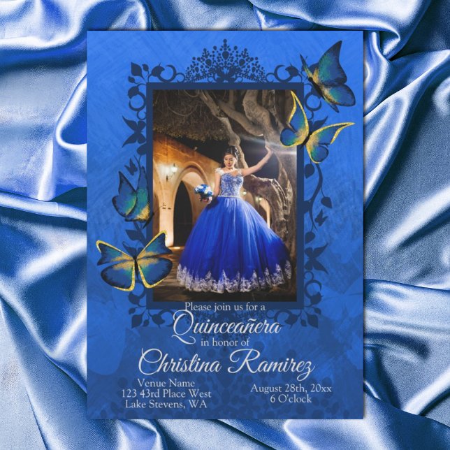 Fancy Royal Blue, Gold Butterfly Quinceanera Invitation (fancy blue and gold quinceanera invitation, royal blue dress photo mis quince, gold butterflies)