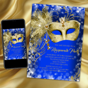 Fancy Royal Blue Gold Glitter Masquerade Party Invitation