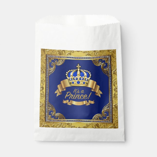 Fancy Royal Blue Gold Prince Baby Shower Favour Bag (Front)