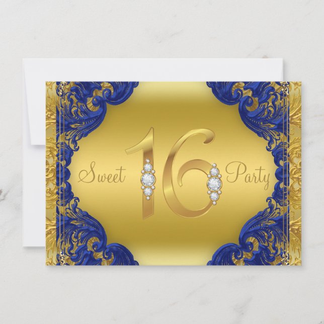 Fancy Royal Blue Gold Sweet 16 Birthday Party Invitation (Front)