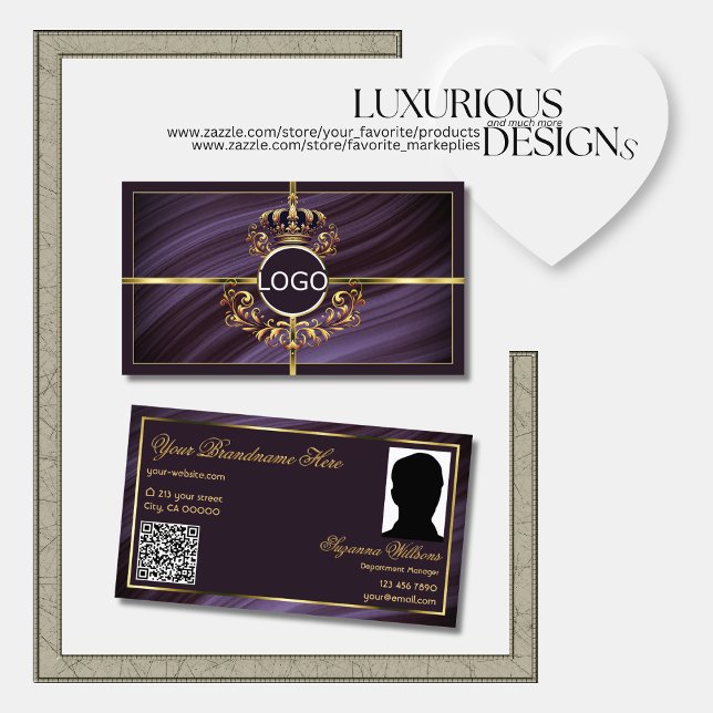 Fancy Royal Purple Gold Crown Logo Photo QR Code Business Card (Creator Uploaded)