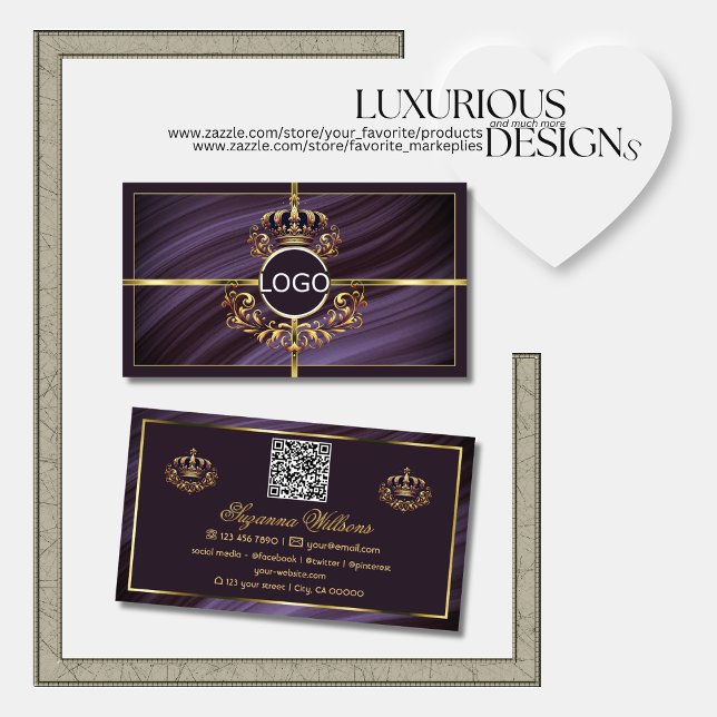 Fancy Royal Purple Gold Crown with Logo QR Code Business Card (Creator Uploaded)