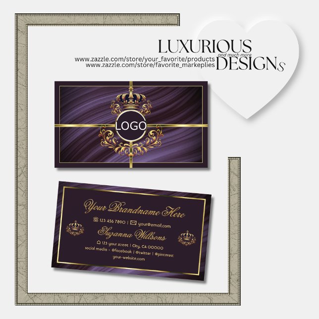 Fancy Royal Purple Gold Crown with Logo Sumptuous Business Card (Creator Uploaded)