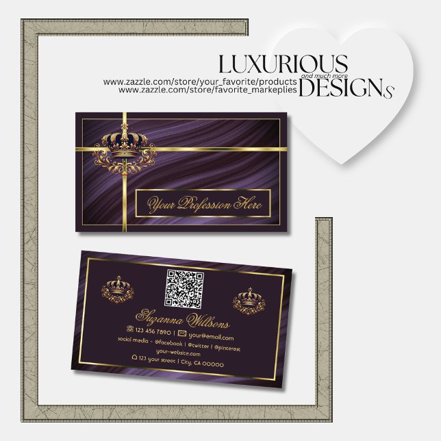Fancy Royal Purple Gold Crown with QR Code Noble Business Card (Creator Uploaded)