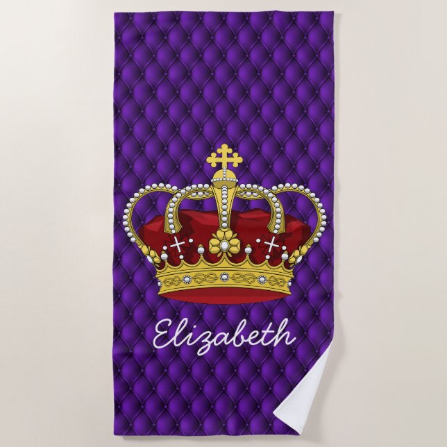 Fancy Royal Purple & Queen's Crown with Name Beach Towel (Front)