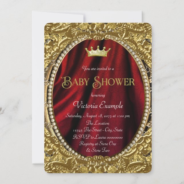 Fancy Royal Red and Gold Prince Baby Shower Invitation (Back)