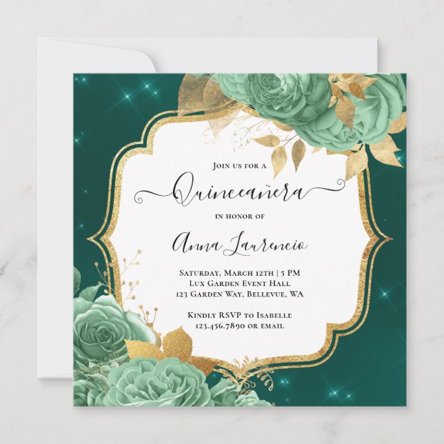 Fancy Sage Green Gold Floral Roses Quinceanera Invitation (Front)