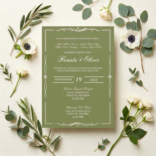 Fancy Sage green wedding Spanish  Invitation (Creator Uploaded)