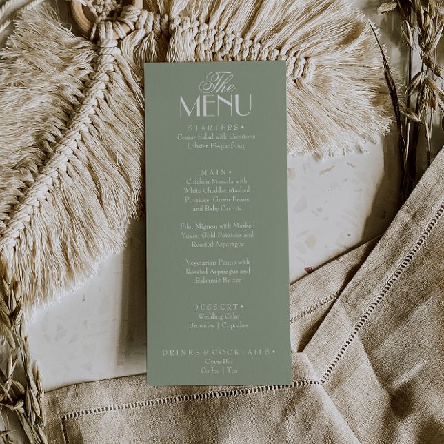 Fancy Sage Green White Old Money Boho Chic Wedding Menu (Creator Uploaded)