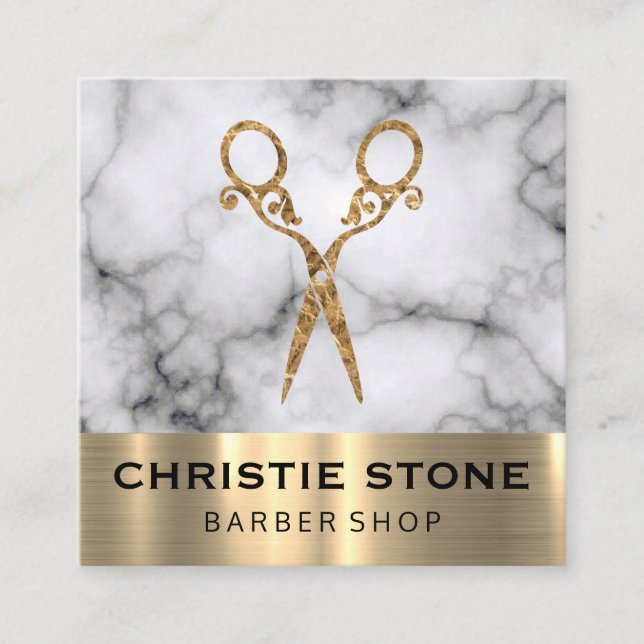 Fancy Salon Shears Marble Gold Trim Square Business Card (Front)