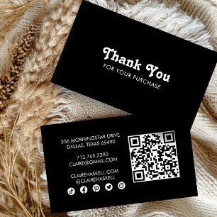 Fancy Script Chic B&W Order Thank You Minimal QR  Business Card