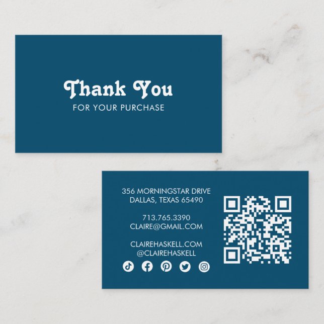 Fancy Script Chic Blue Order Thank You Minimal QR  Business Card (Front/Back)