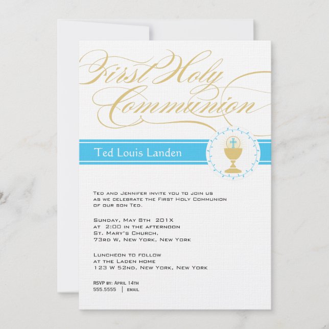 Fancy Script First Communion Invitations  |  Blue (Front)