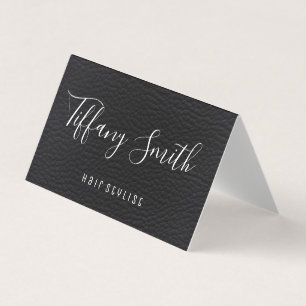 Fancy Script Font Leather Hair Stylist Business Card