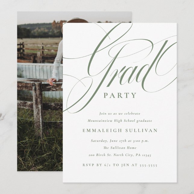 Fancy Script Green Graduation Party Invitation (Front/Back)