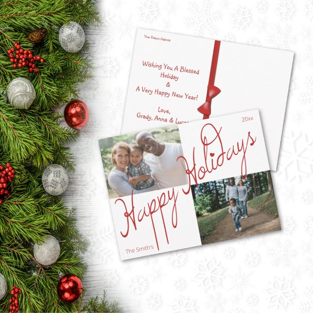 Fancy Script Happy Holidays 2 Photo Christmas Post Postcard (Creator Uploaded)