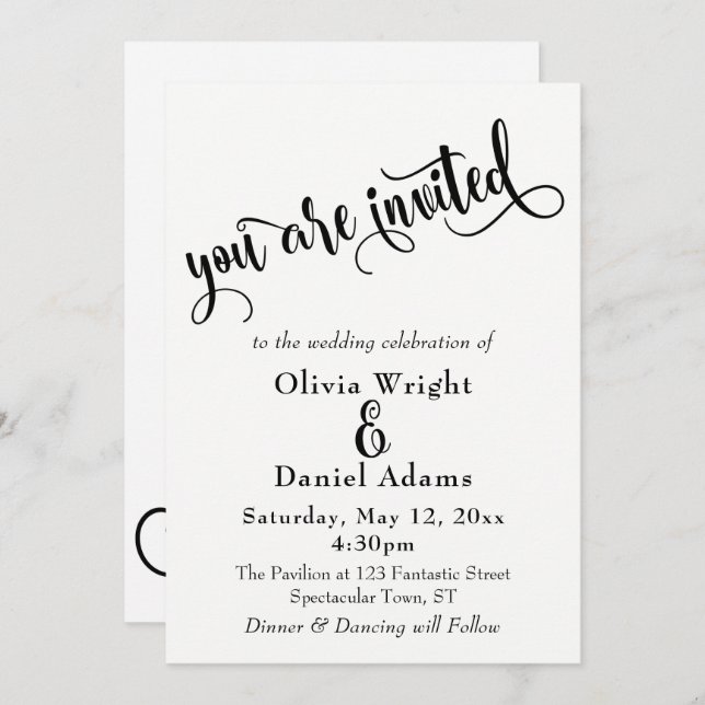 Fancy Script Letters Black & White Wedding Invitation (Front/Back)