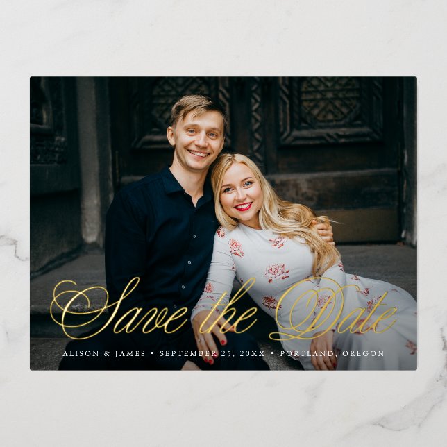 Fancy Script Photo Save the Date Foil Invitation Postcard (Front)