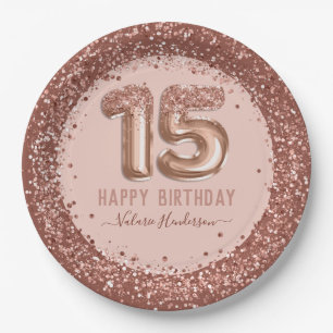 Fancy Script Pink Glitter Happy 15th Birthday Paper Plate