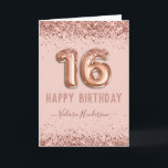 Fancy Script Pink Glitter Happy 16th Birthday Card<br><div class="desc">Girly glitter,  millennial pink background,  with fancy script name typography. Faux rose gold 16 balloon text. Great for sweet 16 celebrations. Blank inside so you can add your own statement.</div>