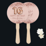 Fancy Script Pink Glitter Happy 16th Birthday Hand Fan<br><div class="desc">Girly glitter,  millennial pink background,  with fancy script name typography. Faux rose gold 16 balloon text. Great for sweet 16 celebrations.</div>