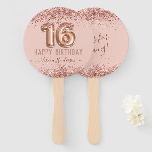 Fancy Script Pink Glitter Happy 16th Birthday Hand Fan