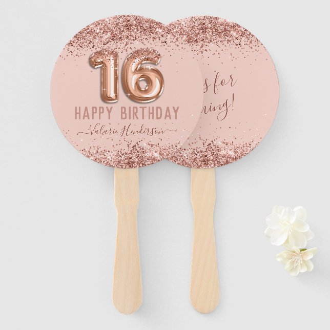 Fancy Script Pink Glitter Happy 16th Birthday Hand Fan (Front and Back)