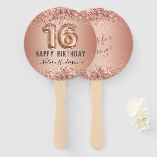 Fancy Script Pink Glitter Happy 16th Birthday Hand Fan