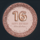 Fancy Script Pink Glitter Happy 16th Birthday Paper Plate<br><div class="desc">Girly glitter,  millennial pink background,  with fancy script name typography. Faux rose gold 16 balloon text. Great for sweet 16 celebrations.</div>