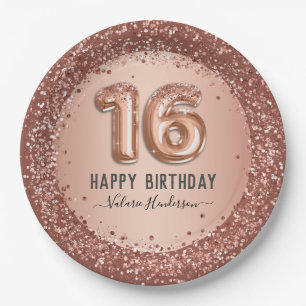 Fancy Script Pink Glitter Happy 16th Birthday Paper Plate