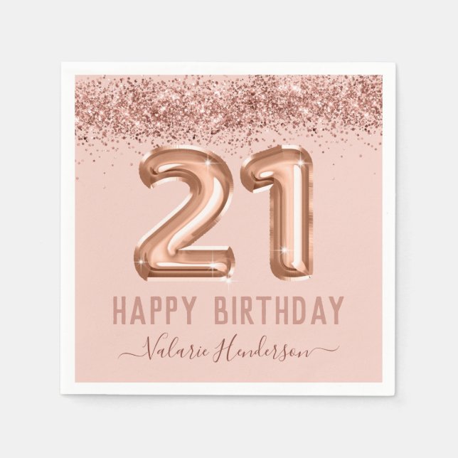 Fancy Script Pink Glitter Happy 21st Birthday Napkin (Front)