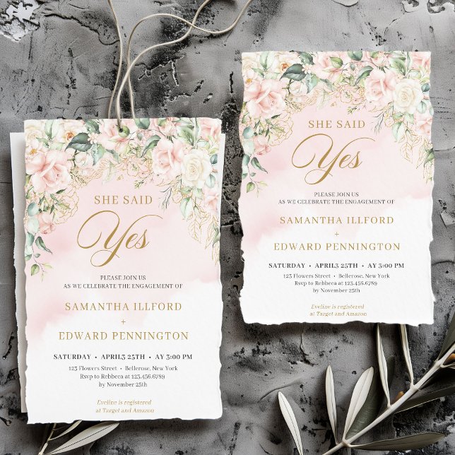Fancy script pink roses she said yes engagement invitation (Bohemian pale pink roses sage greenery and gold she said yes engagement invitation download)