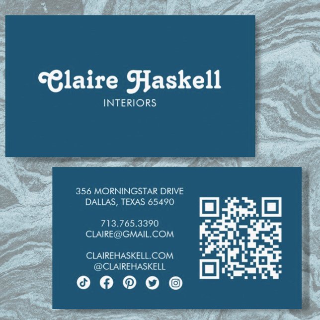 Fancy Script Teal Blue Chic Minimal Social Icon QR Business Card (Creator Uploaded)