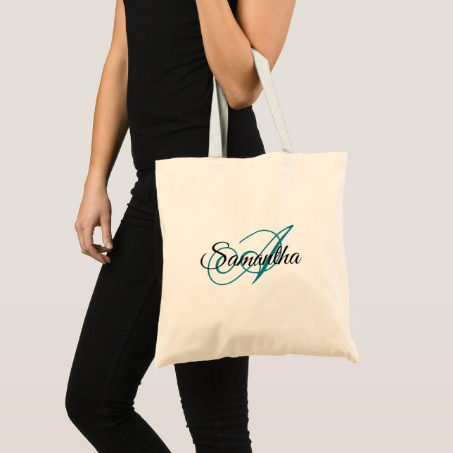Fancy Script Teal Blue Personalised Monogram Tote Bag (Front (Product))