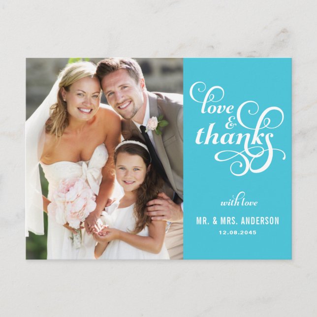 Fancy Script Wedding Thank You Postcard |Turquoise (Front)