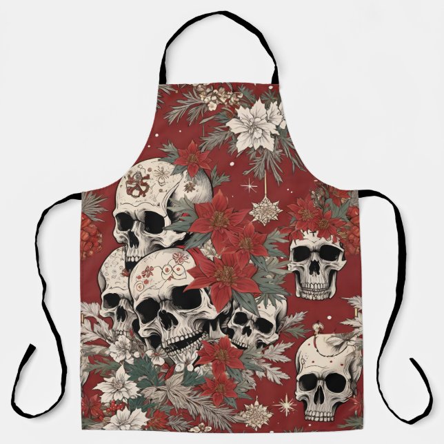 Fancy Silkscreen Style Skull Christmas Apron (Front)