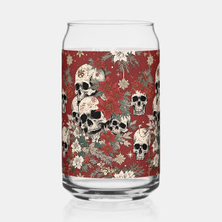 Fancy Silkscreen Style Skull Christmas Can Glass