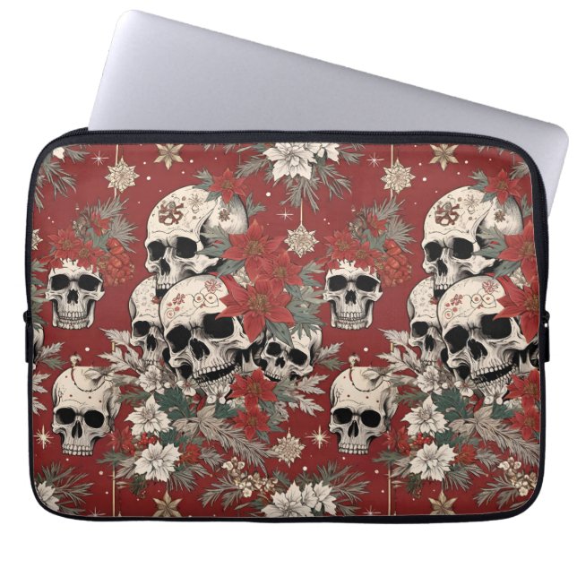 Fancy Silkscreen Style Skull Christmas Laptop Sleeve (Front)