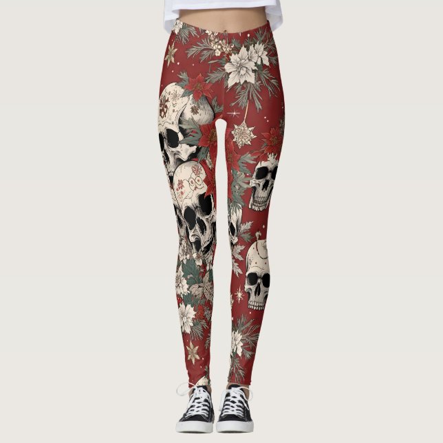 Fancy Silkscreen Style Skull Christmas Leggings (Front)