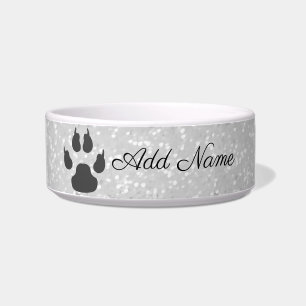 Fancy Silver Faux Glitter Paw Print Customised Pet Bowl