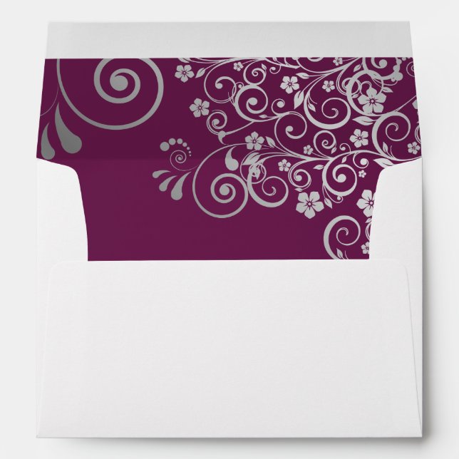 Fancy Silver Filigree on Magenta Plum Wedding Envelope (Back (Bottom))
