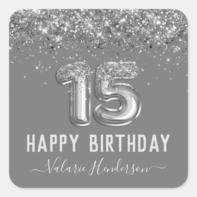 Fancy Silver Glitter Happy 15th Birthday Square Sticker (Front)