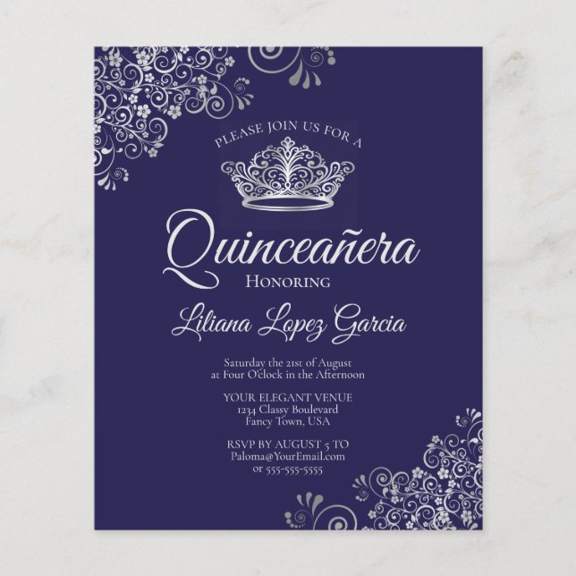 Fancy Silver & Navy BUDGET Quinceañera Invitation (Front)