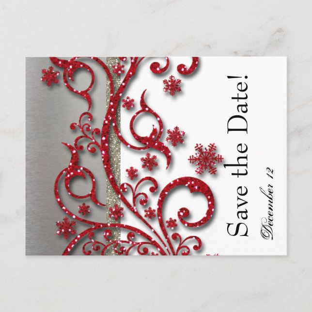 Fancy Silver Red Glitter Save the Date Announcement Postcard (Front)